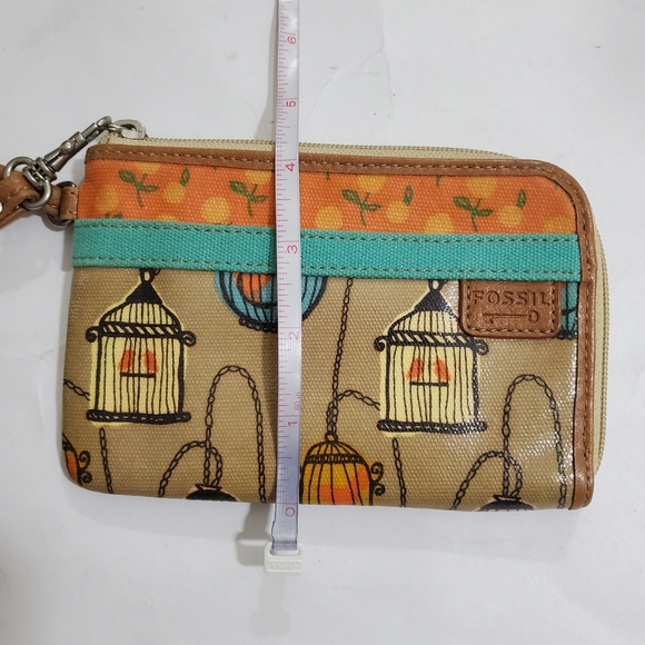 Fossil Key-Per Wristlet Wallet Boho Bird Birdcage Orange Tan Zip Strap Hippie - Picture 11 of 11